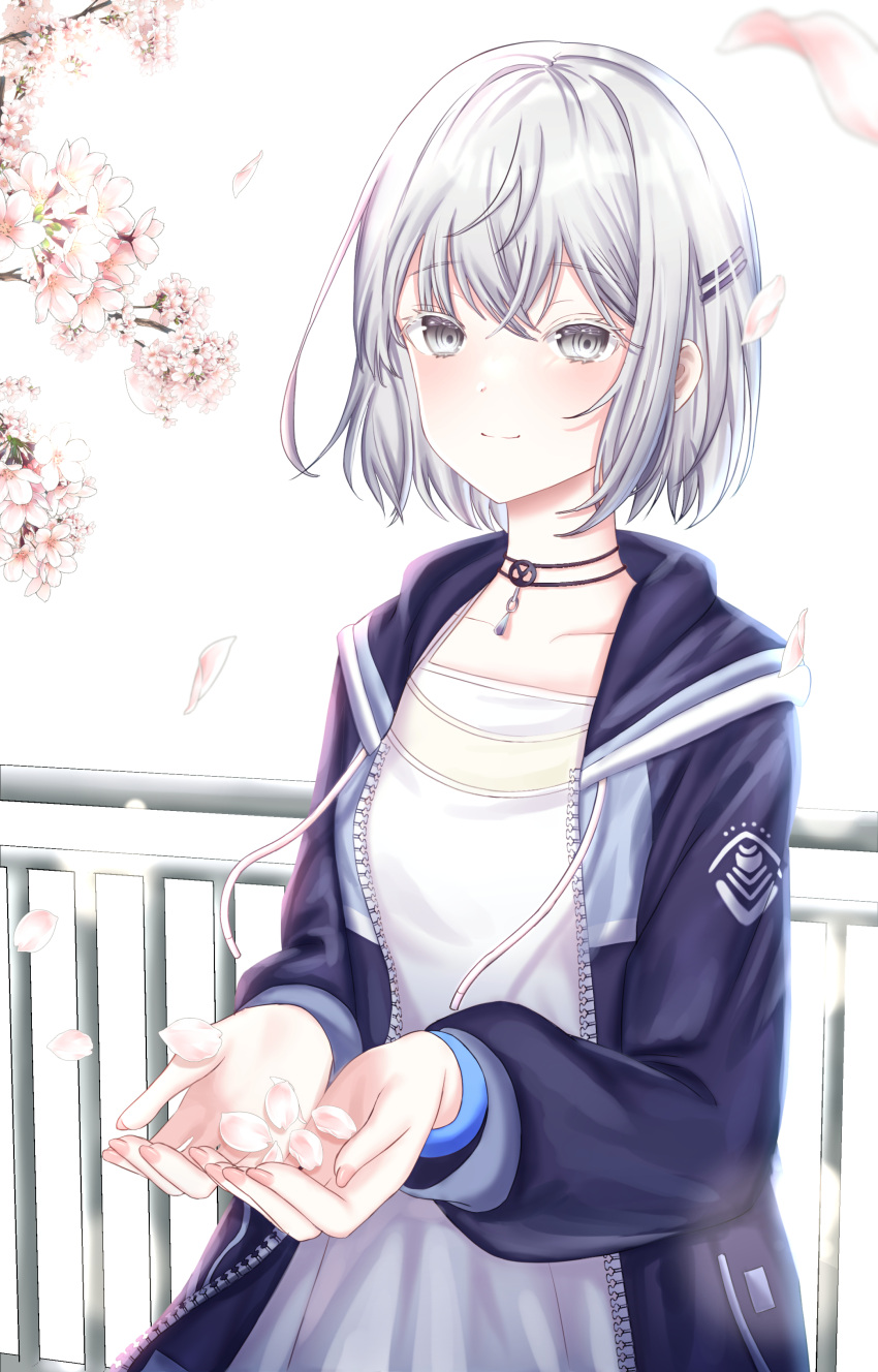 1girl absurdres alice_fiction bangs black_jacket dress grey_eyes grey_hair hair_ornament hairclip highres jacket jewelry long_sleeves minato_(alice_fiction) necklace outdoors petals railing short_hair smile solo standing unha white_dress