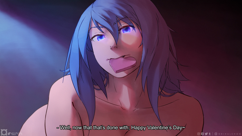 1girl all_fours blue_eyes blue_hair box breasts cleavage completely_nude english_commentary english_text fake_screenshot heart-shaped_box highres long_hair messy_hair mouth_hold naughty_face nude original orihalchon solo subtitled valentine you_gonna_get_raped