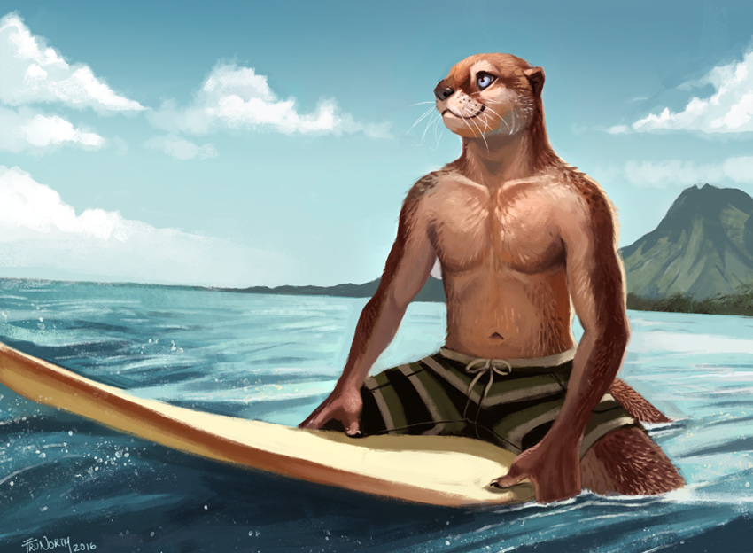 2016 anthro artist_name bottomwear clothed clothing fur hawaii island lutrine male mammal mustelid sea shorts signature smile solo summer surfboard swimming_trunks swimwear topless topless_anthro topless_male trunorth water year