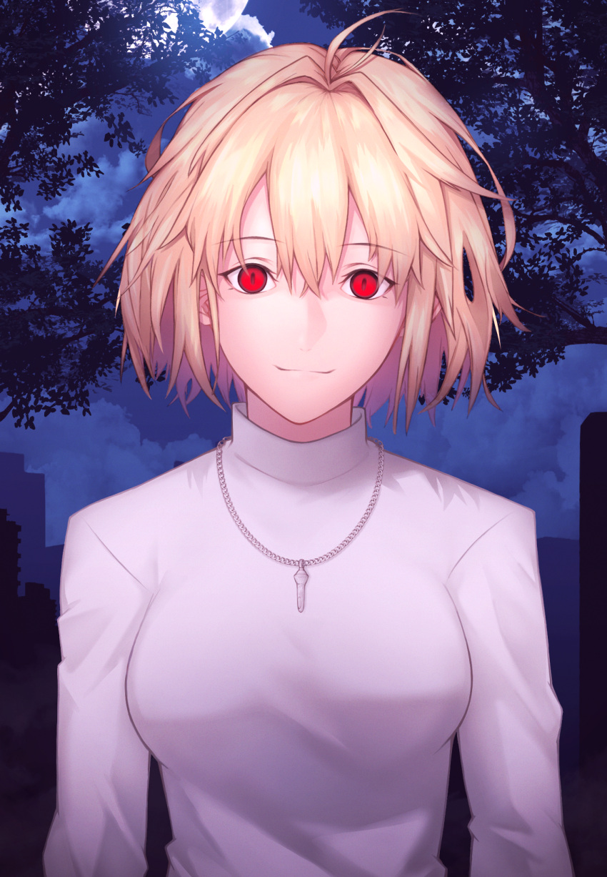1girl antenna_hair arcueid_brunestud bangs blonde_hair breasts closed_mouth cloud commentary_request dorothy_xi evil_smile hair_between_eyes highres jewelry looking_at_viewer medium_breasts moon necklace night night_sky outdoors red_eyes short_hair single_hair_intake sky slit_pupils smile solo sweater tree tsukihime tsukihime_(remake) turtleneck turtleneck_sweater upper_body white_sweater