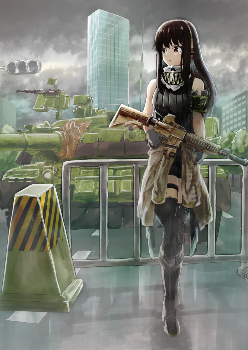 1girl armband assault_rifle bangs black_eyes black_hair breasts building clothes_around_waist cloud cloudy_sky commentary_request full_body garter_straps girls'_frontline green_hair ground_vehicle gun hanabusaraleigh highres holding holding_gun holding_weapon jacket jacket_around_waist long_hair looking_to_the_side m4_carbine m4a1_(girls'_frontline) military military_vehicle motor_vehicle outdoors rifle scarf single_garter_strap sky solo t-80 tank thighhighs weapon