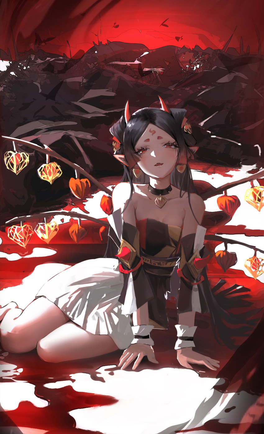 absurdres alternate_costume bangs bare_shoulders bat_wings black_choker black_hair blood choker cuffs detached_sleeves facial_mark forehead_mark heart heart_wings highres hikimayu horns kyuuketsu_hime looking_at_viewer naughty_face onmyoji open_mouth parted_bangs parted_lips pleated_skirt pointy_ears red_horns shirt sishima sitting skirt strapless strapless_shirt vampire wings