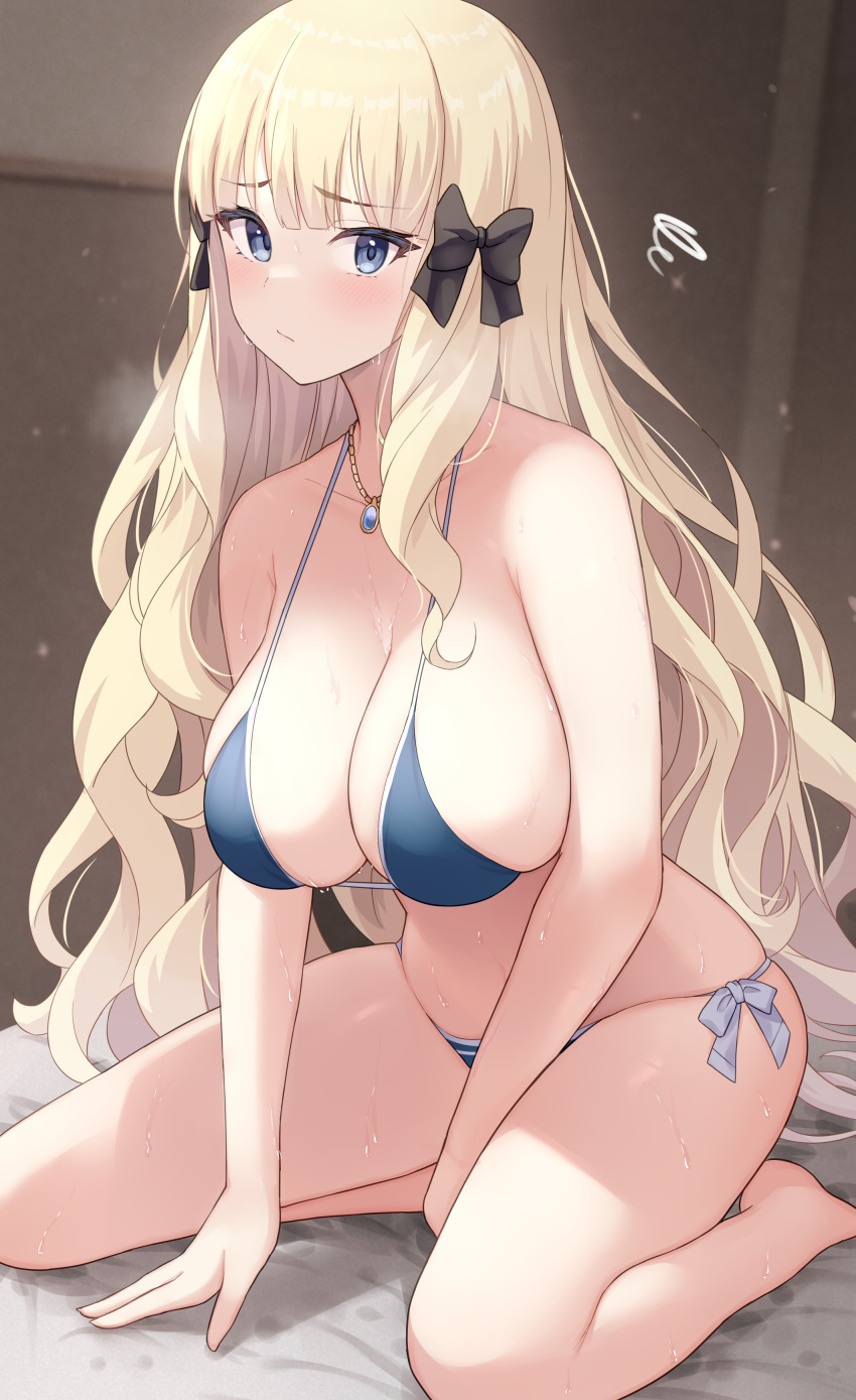 1girl absurdres bangs bare_shoulders between_legs bikini black_bow blonde_hair blue_bikini blue_eyes blunt_bangs blush bow breasts brown_background cleavage closed_mouth collarbone drill_hair elf hair_bow hand_between_legs highres jewelry large_breasts light_blush light_particles long_hair looking_at_viewer necklace pendant pointy_ears princess_connect! saren_(princess_connect!) seiza sidelocks sitting sixteenpo solo squiggle swimsuit thighs wet