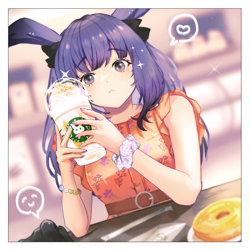 1girl alternate_costume animal_ears arknights bangs black_ribbon blurry blurry_background blush border bracelet closed_mouth cup depth_of_field disposable_cup doughnut dress floral_print food hair_ribbon heart highres holding holding_cup jewelry long_hair looking_at_viewer nail_polish orange_dress print_dress purple_eyes purple_hair purple_nails rabbit_ears ribbon rope_(arknights) scrunchie sleeveless sleeveless_dress solo sparkle sparkling_eyes speech_bubble spoken_heart table upper_body white_border wrist_scrunchie yoshiga