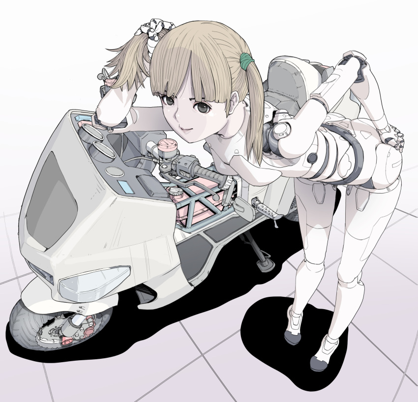 1girl black_eyes blonde_hair cyborg ground_vehicle highres holding holding_hair kickstand leaning_forward looking_at_viewer motor_vehicle motorcycle original smile solo sukabu twintails