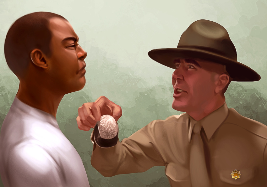 2boys brock_(pokemon) buzz_cut confrontation crossover dark-skinned_male dark_skin food full_metal_jacket holding holding_food male_focus multiple_boys onigiri pokemon pokemon_(anime) pokemon_(classic_anime) sgt_hartman short_hair thick_eyebrows united_states_marine_corps very_short_hair voodoothur