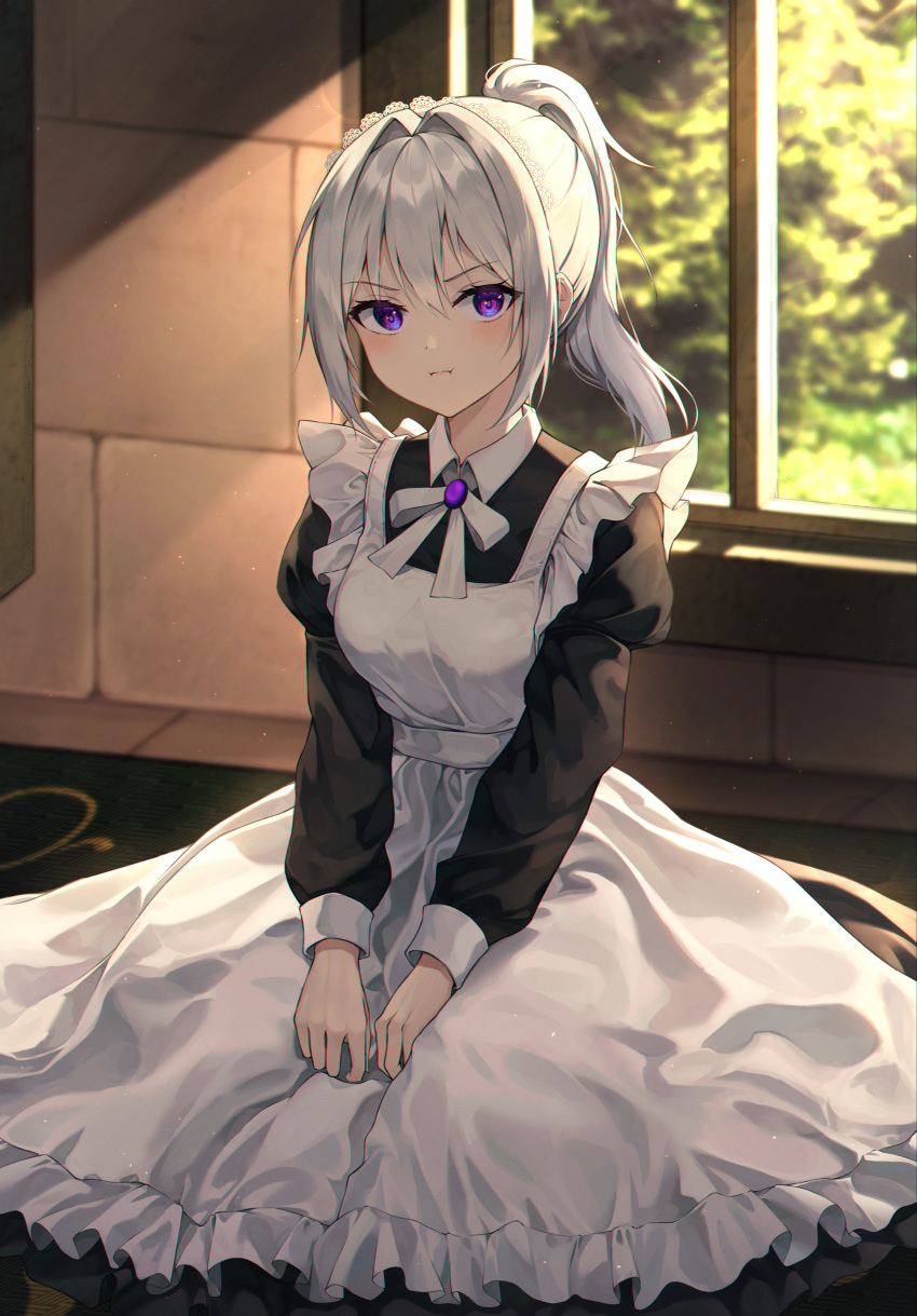 1girl :i absurdres alternate_costume apron bangs black_dress blurry breasts brick_wall brooch closed_mouth collared_dress commentary day depth_of_field dress enmaided frilled_apron frills grey_hair hair_between_eyes hair_intakes highres indoors ine_(vtuber) jewelry juliet_sleeves lens_flare light_particles long_hair long_sleeves looking_at_viewer maid maid_headdress neck_ribbon ponytail pout puffy_sleeves purple_eyes ribbon sarika shiny shiny_hair sidelocks small_breasts solo sunlight tree v-shaped_eyebrows v_arms virtual_youtuber waktaverse white_apron white_ribbon window wing_collar
