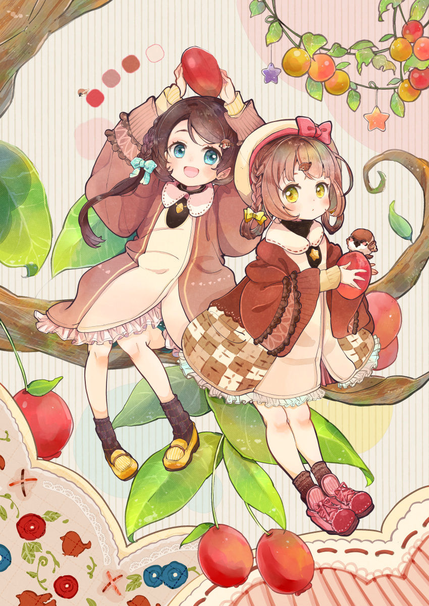 2girls :d absurdres arms_up bangs beret berry bird bird_hair_ornament blue_eyes blush bow braid branch brown_hair cardigan collared_dress dress eurasian_tree_sparrow food food_request frilled_dress frills fruit green_eyes hacosumi hair_bow hair_ornament hair_rings hat highres holding holding_food holding_fruit jewelry layered_clothes layered_sleeves leaf loafers long_hair loose_socks multiple_girls necklace open_mouth original oversized_clothes oversized_food personification shoes sitting smile sneakers sparrow turtleneck wide_sleeves