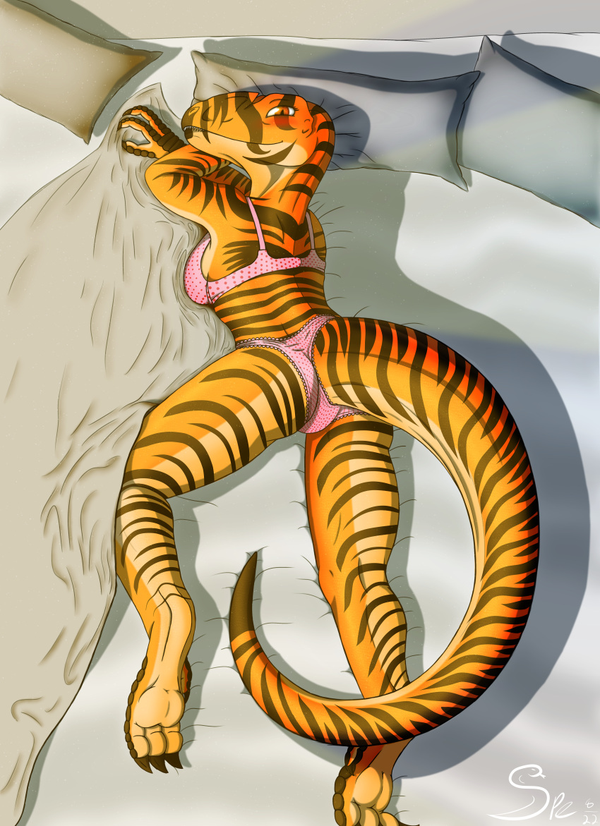 2022 3_fingers 3_toes absurd_res allosaurid allosaurus amber_(raphael) anthro arm_markings back_markings bed_sheet bedding bedding_background big_tail bird's-eye_view blush bottomwear bra breasts brown_body brown_claws brown_markings brown_scales butt cel_shading claws clothed clothing countershade_arms countershade_breasts countershade_butt countershade_face countershade_feet countershade_hands countershade_legs countershade_neck countershade_scales countershade_tail countershade_torso countershading dated dewclaw digital_drawing_(artwork) digital_media_(artwork) digitigrade dinosaur eyelashes facial_markings feet female finger_claws fingers frilly_panties furgonomics glistening glistening_body glistening_eyes glistening_scales head_markings hi_res high-angle_view leg_markings light light_beam light_body light_countershading lighting long_tail looking_at_viewer looking_up lying markings medium_breasts morning mouth_closed multicolored_body multicolored_scales neck_markings non-mammal_breasts on_front orange_body orange_countershading orange_eyes orange_scales overbite panties pattern_bottomwear pattern_bra pattern_clothing pattern_panties pattern_topwear pattern_underwear pillow pink_bra pink_clothing pink_panties pink_underwear polka_dot_bra polka_dot_panties polka_dots pupils rear_view reptile scales scalie scutes shaded shadow sharp_teeth signature slit_pupils smile smiling_at_viewer snout snout_markings soft_shading soles solo spe striped_markings striped_tail stripes sunbeam sunlight tail_clothing tail_markings tapering_tail teeth theropod thick_tail thick_thighs thigh_markings toe_claws toes topwear two_tone_body two_tone_scales underwear underwear_only