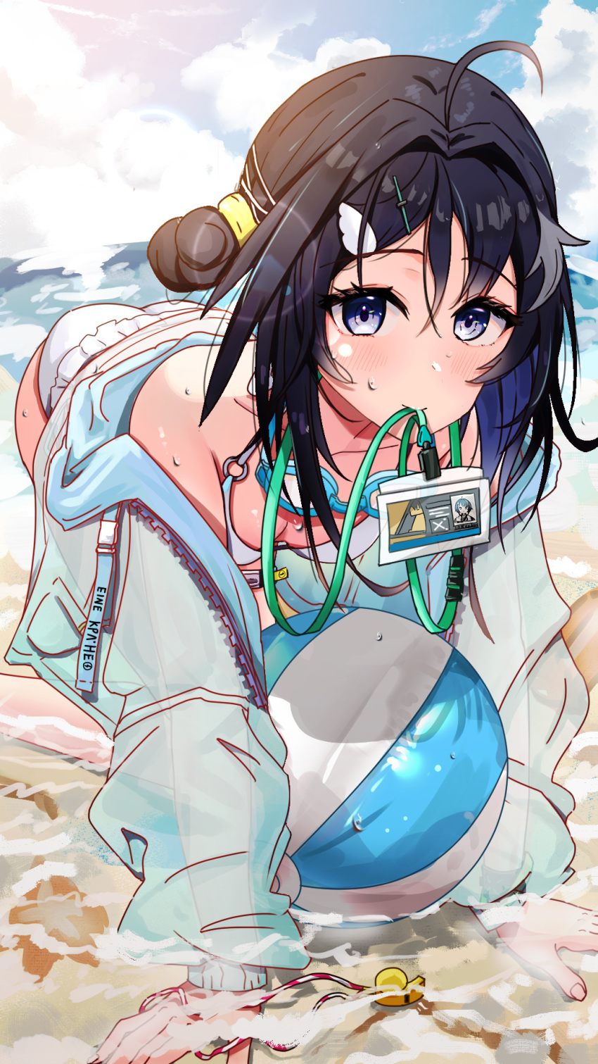1girl ahoge all_fours arknights ass ball bare_shoulders beach beachball black_hair blue_eyes blush breasts cleavage closed_mouth collarbone day eliminate feather_hair hair_bun hair_intakes hair_ornament hairclip highres id_card jacket la_pluma_(arknights) la_pluma_(summer_flowers)_(arknights) lens_flare long_sleeves looking_at_viewer mouth_hold ocean off_shoulder official_alternate_costume open_clothes open_jacket outdoors short_hair single_hair_bun single_side_bun sleeves_past_wrists small_breasts smile solo whistle white_jacket wing_hair_ornament