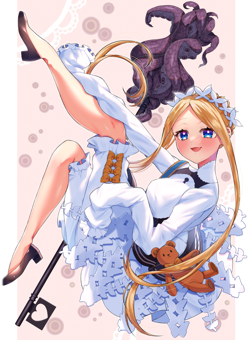 1girl abigail_williams_(fate) abigail_williams_(festival_outfit)_(fate) akirannu alternate_costume bangs black_footwear black_skirt blonde_hair bloomers blue_eyes blush braid breasts dress enmaided fate/grand_order fate_(series) forehead french_braid highres keyhole layered_skirt legs long_hair looking_at_viewer maid maid_headdress mop open_mouth parted_bangs sash sidelocks skirt sleeves_past_fingers sleeves_past_wrists small_breasts smile solo stuffed_animal stuffed_toy teddy_bear tentacles underwear very_long_hair white_bloomers white_dress