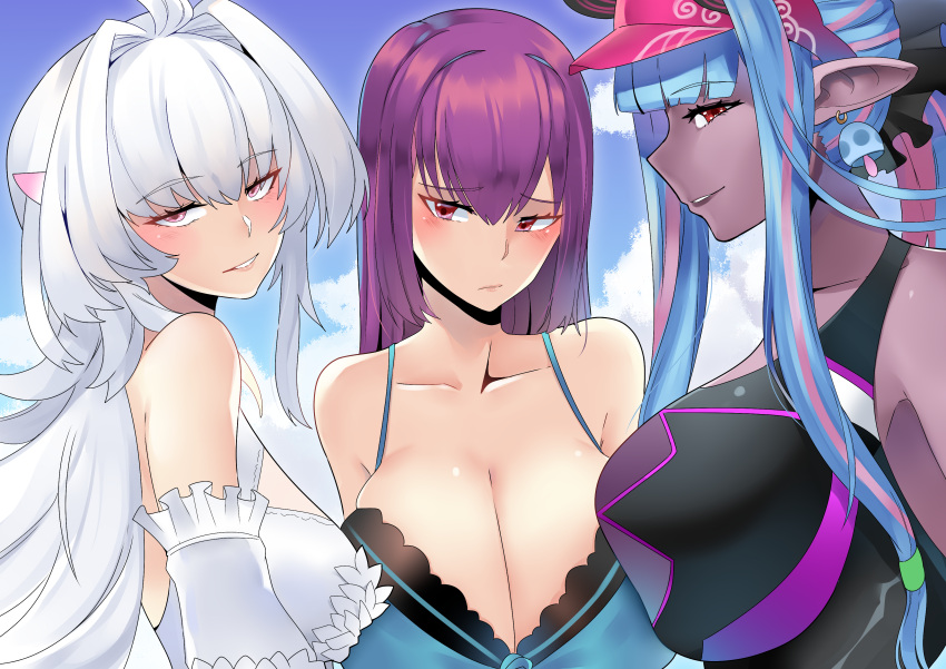 3girls absurdres ahoge bangs bare_shoulders bikini black_bikini black_swimsuit blue_hair blue_sky blush body_markings breast_press breasts cleavage collarbone colored_skin earrings fate/grand_order fate_(series) frilled_bikini frills green_bikini grey_skin hair_between_eyes highres horns ibuki_douji_(fate) ibuki_douji_(swimsuit_berserker)_(fate) jewelry kuroeart large_breasts long_hair looking_at_viewer merlin_(fate/prototype) merlin_(fate/prototype)_(swimsuit_pretender) multicolored_hair multiple_girls one-piece_swimsuit oni oni_horns pink_hair pink_headwear pink_swimsuit pointy_ears ponytail purple_eyes purple_hair red_eyes scathach_(fate) scathach_skadi_(fate) scathach_skadi_(swimsuit_ruler)_(fate) sidelocks sky smile swimsuit tail two-tone_bikini two-tone_swimsuit very_long_hair visor_cap white_bikini white_hair