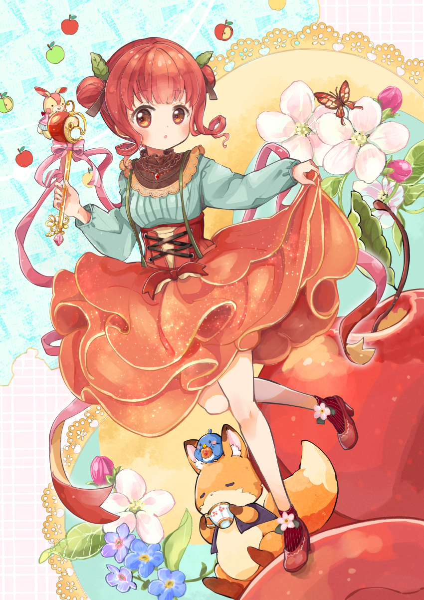 1girl :o absurdres apple bangs bird blush brown_eyes bug butterfly collared_shirt corset cup double_bun drill_hair flower food food-themed_clothes food-themed_hair_ornament fox frilled_shirt_collar frills fruit hacosumi hair_bun hair_ornament high_heels highres holding holding_wand jewelry leaf_hair_ornament long_sleeves necklace open_mouth original red_hair ribbon shirt skirt skirt_hold solo standing standing_on_one_leg suspender_skirt suspenders teacup underbust wand