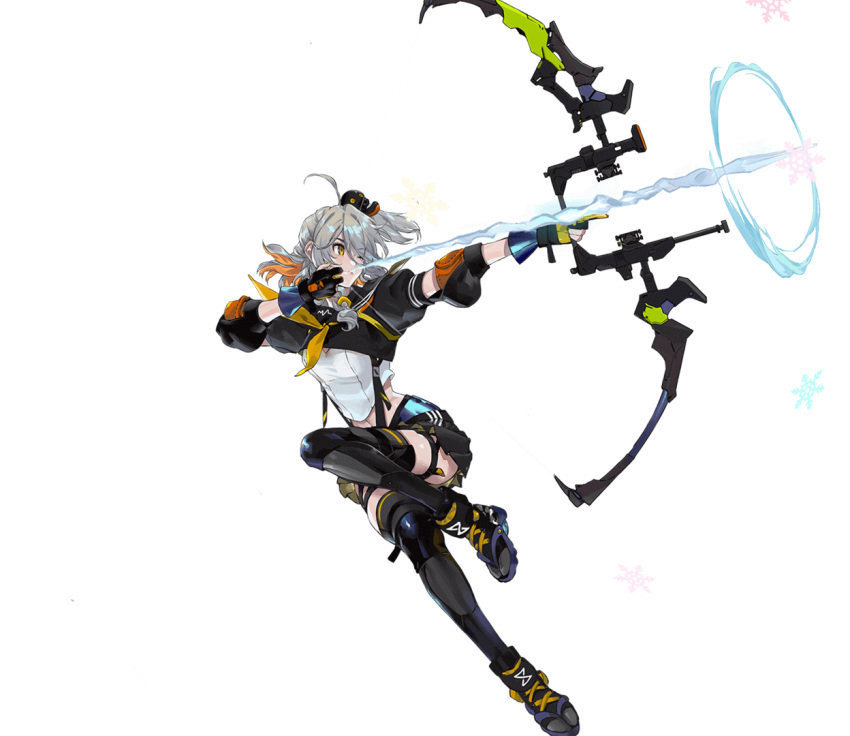 1girl archery artist_request bow_(weapon) colored_inner_hair grey_hair half_updo multicolored_hair official_art orange_eyes orange_hair ponytail short_ponytail short_sleeves snowflakes solo thighhighs tower_of_fantasy tsubasa_(tower_of_fantasy) weapon
