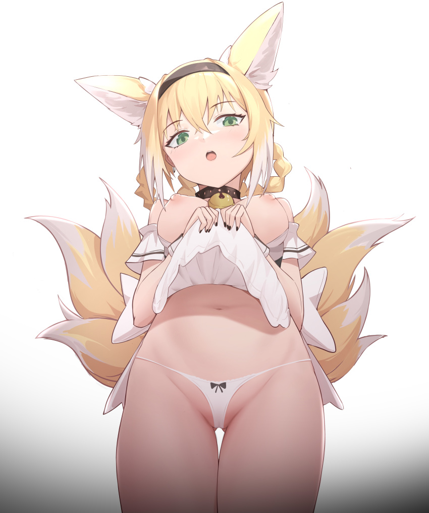 1girl :o absurdres alternate_costume animal_ears arknights ass_visible_through_thighs bangs bare_shoulders bell black_hairband black_nails blonde_hair blush braid breasts breasts_out clothes_lift collar cowboy_shot detached_sleeves dress dress_lift fox_ears fox_girl fox_tail from_below green_eyes hair_rings hairband highres jingle_bell ke'ai_qu_qu lifted_by_self long_hair looking_at_viewer looking_down medium_breasts multicolored_hair multiple_tails nail_polish navel neck_bell nipples open_mouth panties short_sleeves simple_background solo stomach suzuran_(arknights) tail thigh_gap two-tone_hair underwear white_background white_hair white_panties