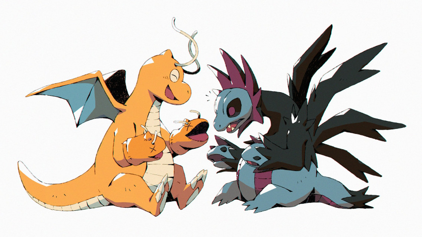 :d bluekomadori claws closed_eyes commentary dragonite from_side hand_puppet highres hydreigon open_mouth pokemon puppet simple_background sitting smile symbol-only_commentary white_background