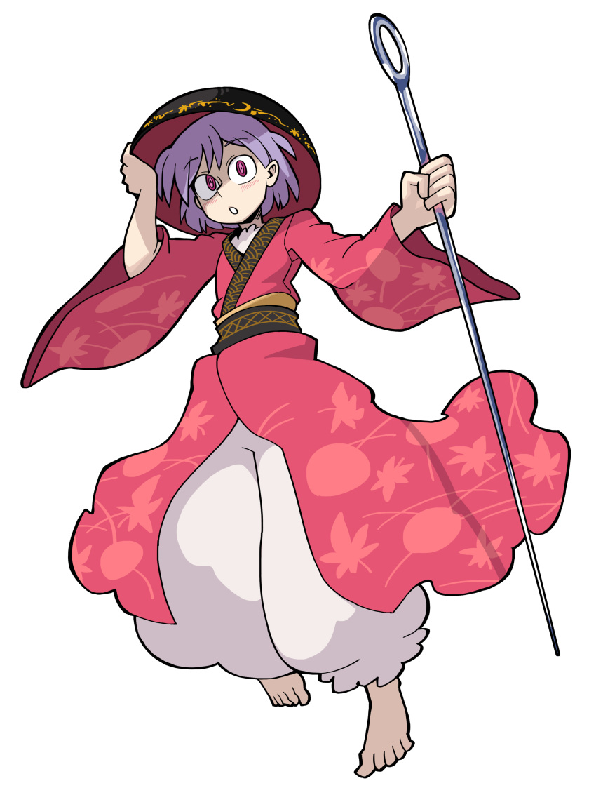 1girl absurdres bangs black_headwear bowl bowl_hat eddybird55555 hat highres japanese_clothes kimono long_sleeves looking_at_viewer needle_sword open_mouth pants puffy_pants purple_hair red_eyes red_kimono ringed_eyes short_hair simple_background solo sukuna_shinmyoumaru touhou vanripper_(style) white_background white_pants wide_sleeves