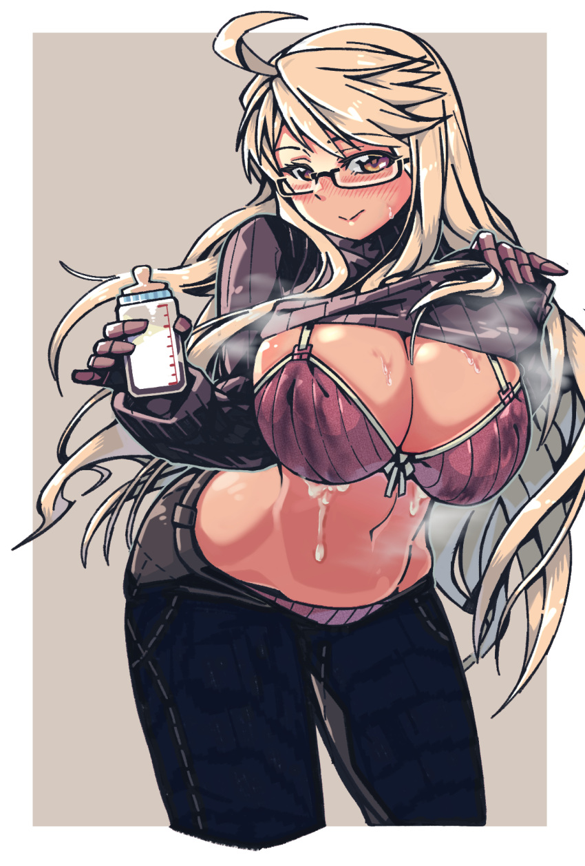 1girl :&gt; ahoge alma_armas black-framed_eyewear black_pants blonde_hair blush bottle bow bow_bra bra breast_milk breasts brown_eyes check_commentary cleavage clothes_lift commentary_request cropped_legs dark-skinned_female dark_skin denim glasses highres holding holding_bottle huge_breasts jeans lactation lactation_through_clothes leaning_forward lifted_by_self long_hair mechanical_hands mikiji milk_bottle navel panties pants pantyshot pinky_out prosthetic_hand purple_sweater ribbed_sweater semi-rimless_eyewear solo steaming_body stomach sweat sweater sweater_lift turtleneck turtleneck_sweater under-rim_eyewear underwear va-11_hall-a