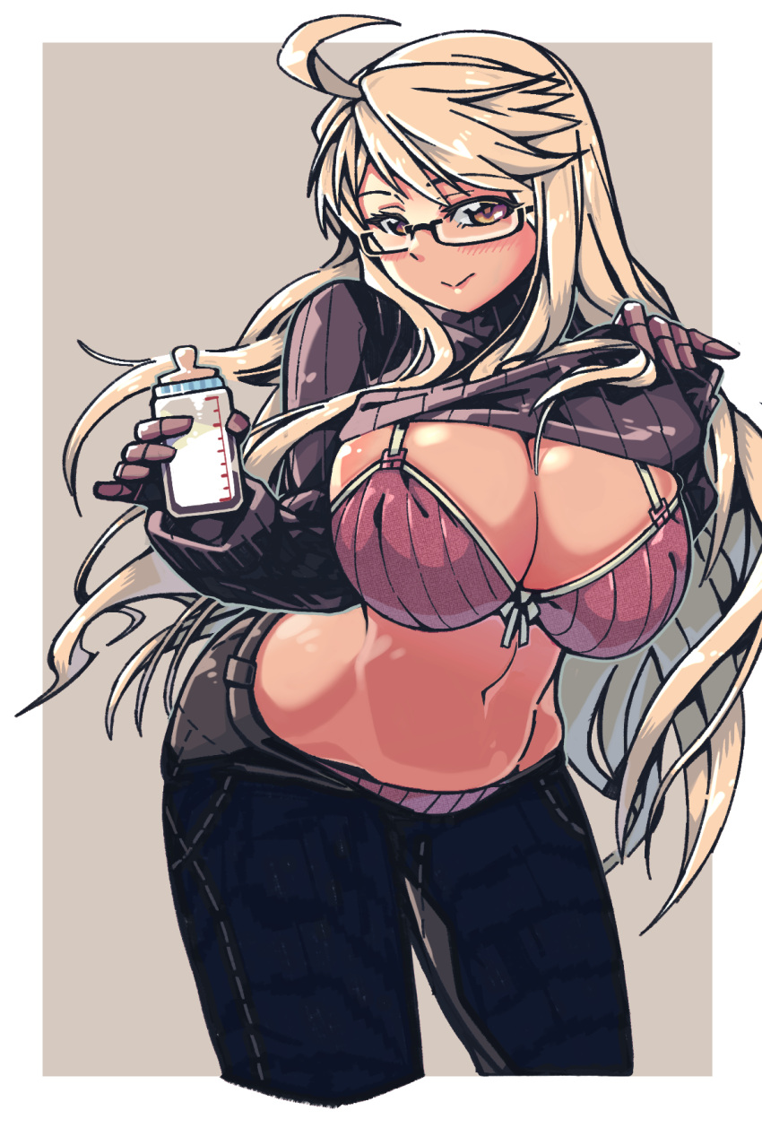 1girl :&gt; ahoge alma_armas black-framed_eyewear black_pants blonde_hair blush bottle bow bow_bra bra breast_milk breasts brown_eyes check_commentary cleavage clothes_lift commentary_request cropped_legs dark-skinned_female dark_skin denim glasses highres holding holding_bottle huge_breasts jeans leaning_forward lifted_by_self long_hair mechanical_hands mikiji milk_bottle navel panties pants pantyshot pinky_out prosthetic_hand purple_sweater ribbed_sweater semi-rimless_eyewear solo stomach sweater sweater_lift turtleneck turtleneck_sweater under-rim_eyewear underwear va-11_hall-a