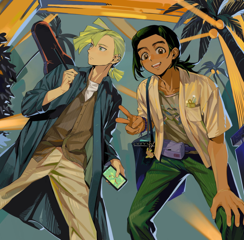 2boys ahoge bag bangs blonde_hair brown_eyes buttons cellphone closed_mouth coat dark-skinned_male dark_skin ear_piercing fanny_pack from_below gladion_(pokemon) green_hair green_pants grey_eyes hand_on_own_knee hau_(pokemon) highres holding holding_phone long_hair male_focus multiple_boys older open_clothes open_coat open_mouth pants phone piercing pokemon pokemon_(game) pokemon_sm purple_bag s67569077 shirt short_sleeves smile teeth undershirt v