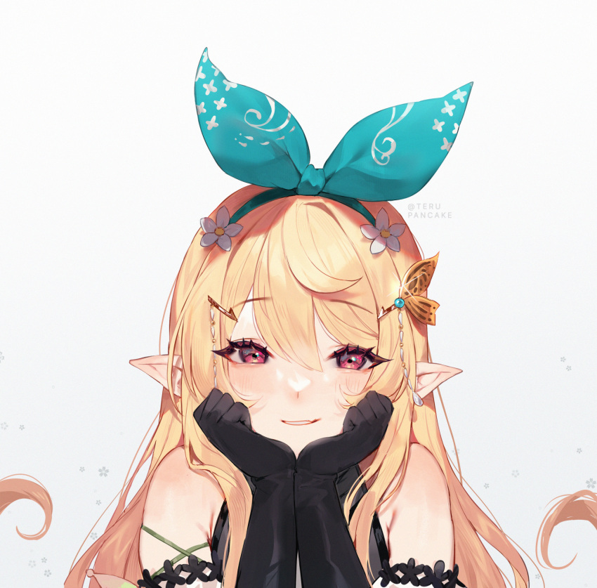 1girl artist_name bangs bare_shoulders black_gloves blonde_hair commentary elbow_gloves english_commentary eyes_visible_through_hair flower gloves hair_between_eyes hair_flower hair_ornament hairband hairclip head_rest highres long_hair looking_at_viewer nijisanji nijisanji_en parted_lips pointy_ears pomu_rainpuff red_eyes simple_background smile solo straight-on terupancake virtual_youtuber white_background