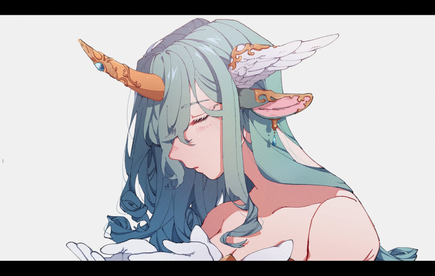 1girl 34_lol7 animal_ears bangs bare_shoulders blush bow breasts cleavage closed_eyes collarbone earrings from_side gem gloves green_hair hands_up highres horns horse_ears jewelry league_of_legends letterboxed long_hair parted_lips shiny shiny_hair simple_background single_horn solo soraka_(league_of_legends) star_guardian_(league_of_legends) star_guardian_soraka white_background white_bow white_gloves wings