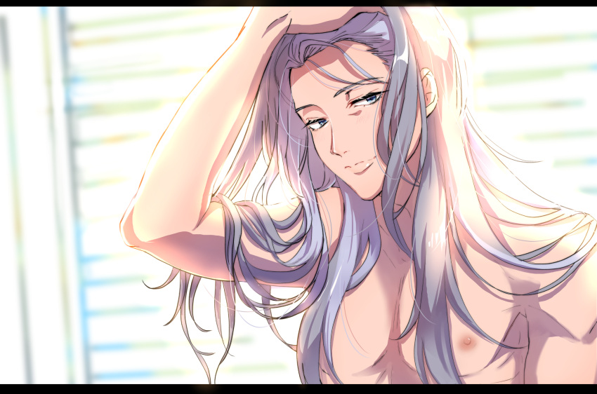 1boy blinds blue_eyes blurry depth_of_field hand_in_own_hair highres hypnosis_mic indoors jinguuji_jakurai lips long_hair looking_at_viewer male_focus messy_hair nipples purple_hair shihoaitogi smile solo topless_male upper_body very_long_hair window