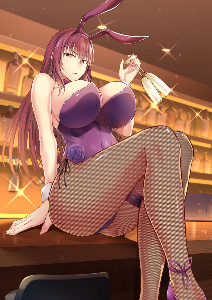 1girl absurdres animal_ears ass bangs bar blush breasts cleavage commentary_request cup detached_collar drinking_glass fake_animal_ears fate/grand_order fate_(series) fishnet_pantyhose fishnets hair_between_eyes highleg highleg_leotard highres holding holding_cup ijima_yuu large_breasts legs leotard long_hair looking_at_viewer official_alternate_costume pantyhose parted_lips playboy_bunny purple_hair purple_leotard rabbit_ears red_eyes scathach_(fate) scathach_(piercing_bunny)_(fate) sitting solo thighs wrist_cuffs