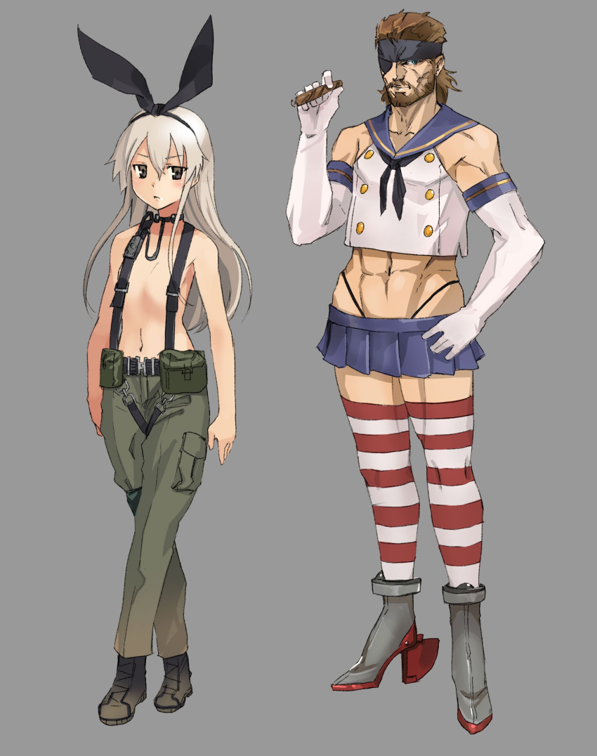 1boy 1girl big_boss black_hairband black_panties closed_mouth cosplay costume_switch elbow_gloves full_body gloves hair_ornament hairband highleg highleg_panties highres ikuyoan kantai_collection long_hair looking_at_viewer metal_gear_(series) metal_gear_solid_3 miniskirt naked_snake navel panties shimakaze_(kancolle) simple_background skirt striped thighhighs underwear white_gloves