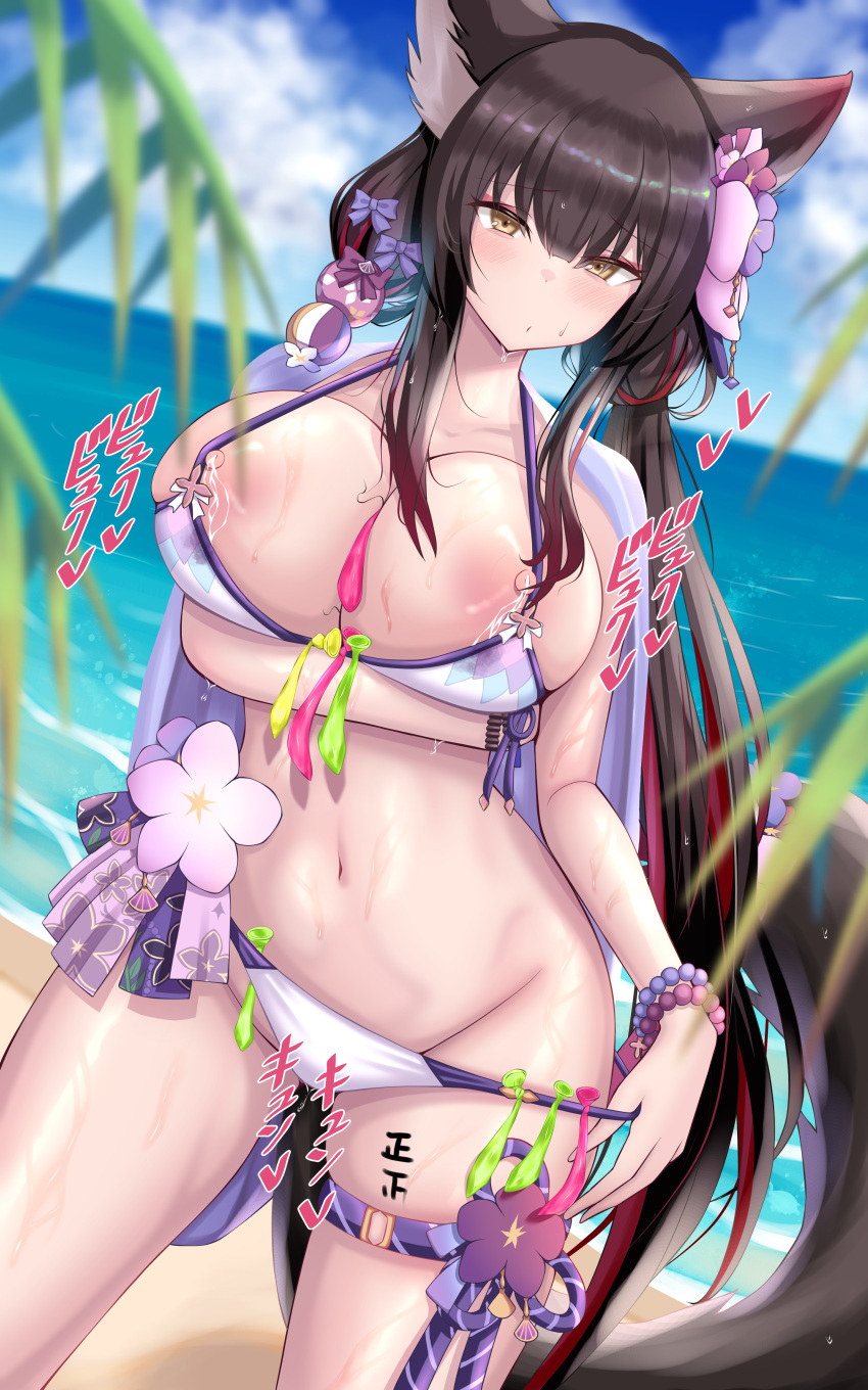 1girl absurdres animal_ears arm_under_breasts bangs beach between_breasts bikini bikini_pull black_hair blue_archive blue_bow blue_sky blurry blurry_background blurry_foreground bow bracelet breast_hold breasts chin_gero clothes_pull cloud commentary_request condom condom_belt condom_between_breast day dutch_angle flower fox_ears fox_girl fox_tail groin hair_between_eyes hair_bow hair_flower hair_ornament halter_top halterneck heart highres horizon jewelry lactation large_breasts low_twintails multicolored_hair navel nipples ocean outdoors palm_leaf pearl_bracelet pink_flower pulled_by_self red_hair sidelocks sky solo spoken_heart stomach stray_pubic_hair streaked_hair string_bikini swimsuit swimsuit_cover-up tail tail_ornament tally thigh_strap thighhighs twintails two-tone_hair used_condom wakamo_(blue_archive) wakamo_(swimsuit)_(blue_archive) white_bikini wristband