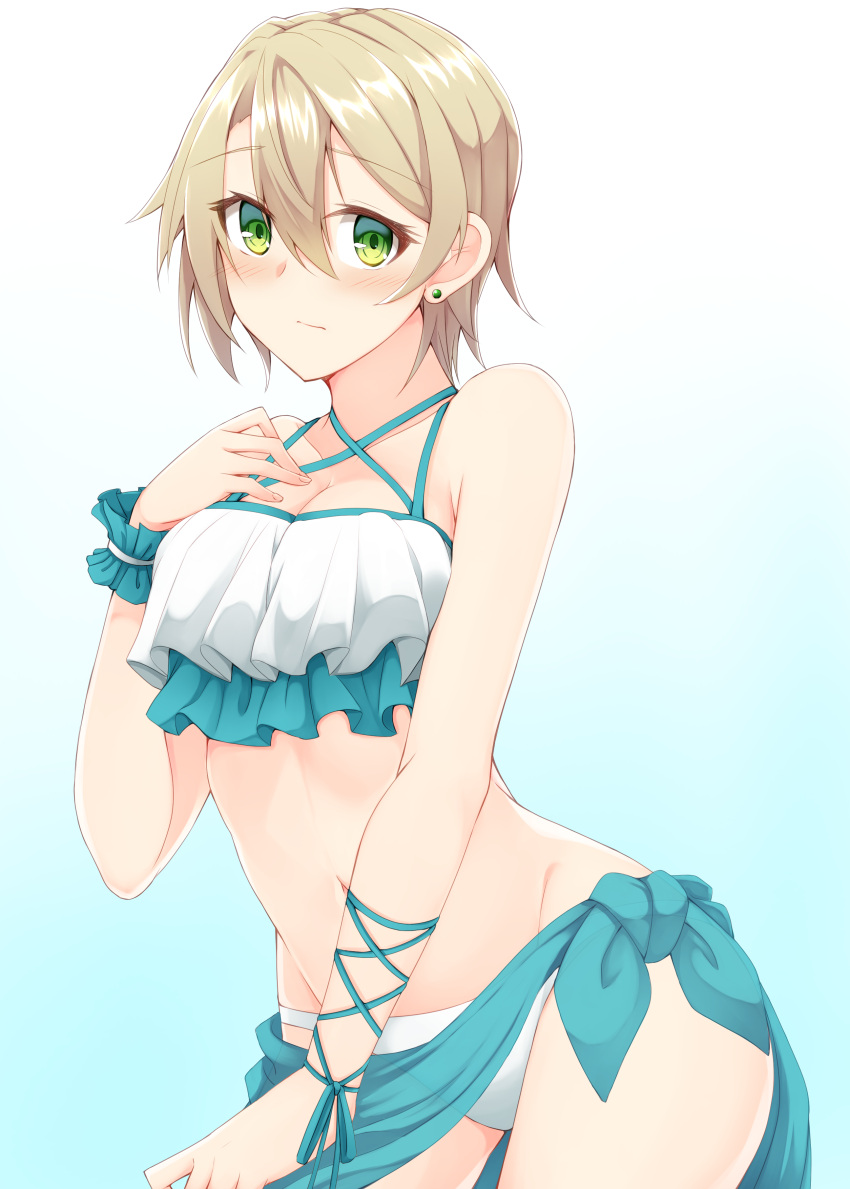 1girl absurdres aqua_background aqua_sarong arm_ribbon bangs bikini blonde_hair blush breasts closed_mouth commentary cowboy_shot criss-cross_halter earrings frilled_bikini frilled_cuffs frills frown gradient gradient_background green_eyes halterneck hand_on_own_chest highres jewelry kuzukiri_(riezenagel) looking_at_viewer medium_breasts neige_(kuzukiri) original ribbon sarong short_hair solo standing stud_earrings swimsuit white_bikini