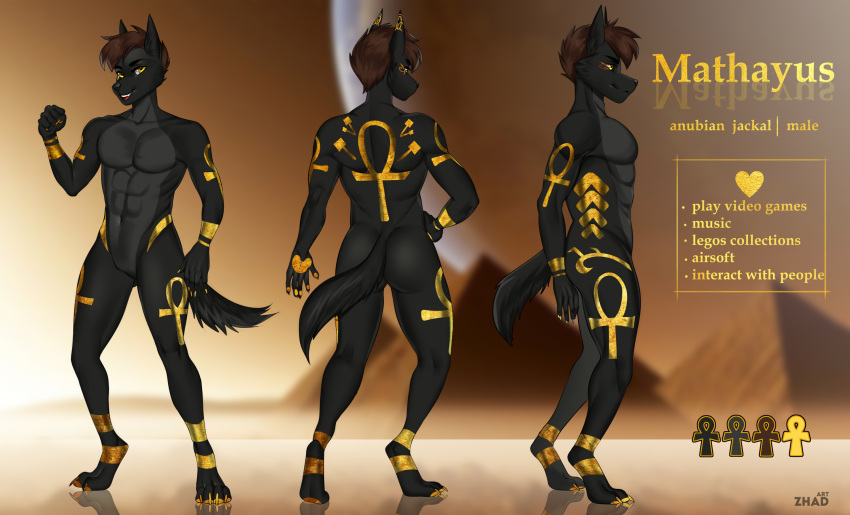 anthro anubis athletic canid canine canis deity egyptian egyptian_mythology gold hi_res jackal male mammal middle_eastern_mythology model_sheet muscular mythology solo sport tattoo zhadart