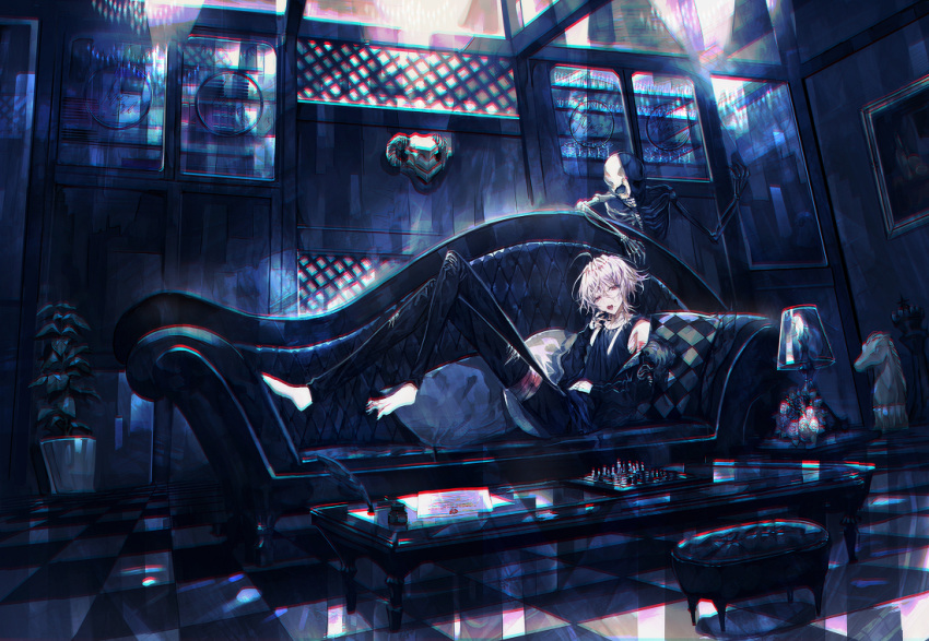 1boy ahoge androgynous barefoot black_theme blonde_hair board_game checkered_floor chess chess_piece chessboard couch full_body lying male_focus mura_karuki nail_polish on_couch open_mouth original plant red_eyes short_hair skeleton solo table