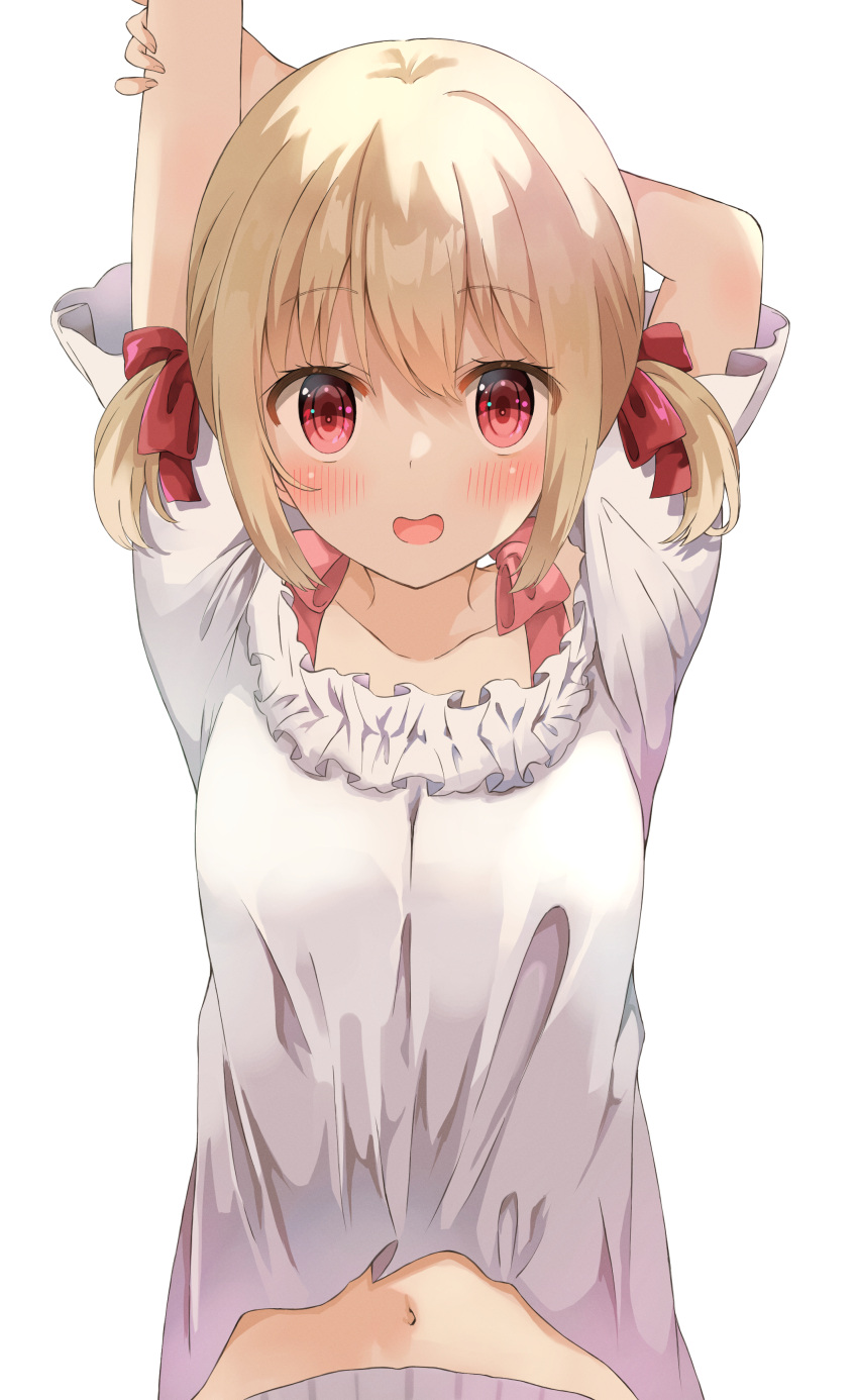 absurdres blonde_hair blush collarbone embarrassed frilled_shirt frills hair_ribbon hands_up highres looking_at_viewer lycoris_recoil navel nishikigi_chisato red_eyes red_ribbon ribbon shirt short_hair short_sleeves short_twintails stomach twintails white_shirt yuno_(suke_yuno)