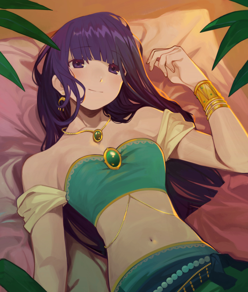 1girl arm_at_side bandeau bangs bare_shoulders bed blunt_bangs blunt_ends bracer breasts closed_mouth commentary crescent crescent_earrings crop_top earrings fingernails gem green_gemstone green_skirt green_tube_top hair_down hair_spread_out hand_up harem_outfit head_tilt highres indoors jewelry light_smile long_hair looking_at_viewer lostastronaut lying medium_breasts midriff navel necklace official_alternate_costume on_back on_bed pearl_(gemstone) pendant pillow plant purple_eyes purple_hair shoujo_kageki_revue_starlight sidelocks skirt solo stomach strapless tsuyuzaki_mahiru tube_top upper_body