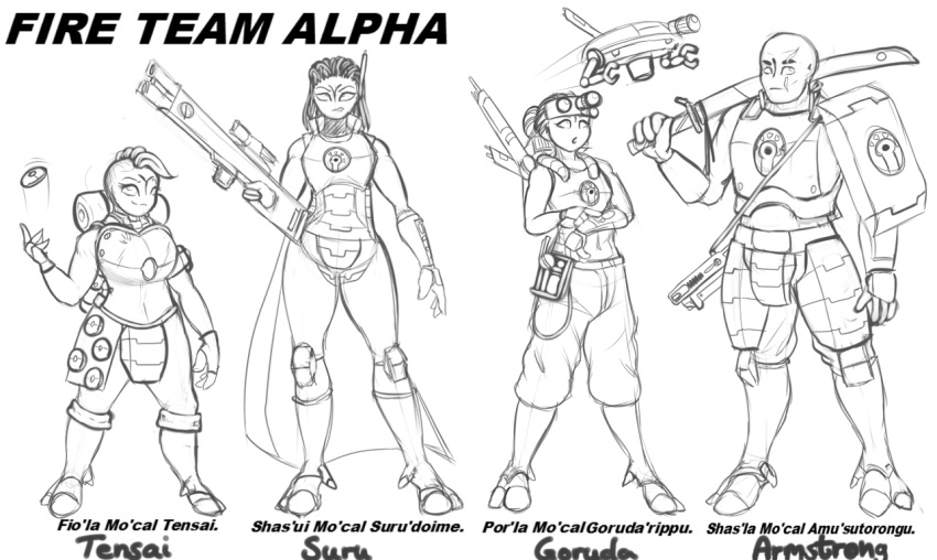 alien armor armstrong_(fire_team_alpha) blackbetty clothed clothing drone female goruda_(fire_team_alpha) group hair holding_object holding_weapon hooves humanoid machine male melee_weapon midriff muscular not_furry open_mouth ranged_weapon robot short_stack smile suru_(fire_team_alpha) t'au_(warhammer) tensai_(fire_team_alpha) warhammer_(franchise) warhammer_40000 weapon