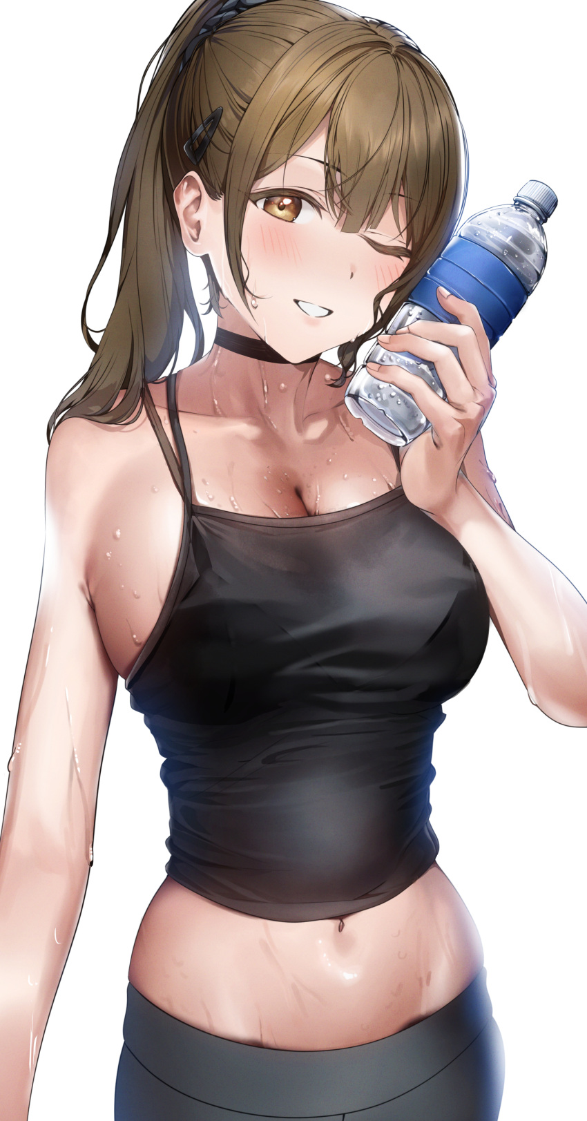 1girl ;d absurdres bangs bare_arms bare_shoulders black_choker blush bottle breasts brown_eyes camisole choker cleavage collarbone cowboy_shot grin hair_ornament hairclip highres holding holding_bottle idolmaster idolmaster_shiny_colors kuwayama_chiyuki large_breasts long_hair looking_at_viewer nipples one_eye_closed parted_lips pol_winner ponytail simple_background smile solo stomach sweat water_bottle wet white_background