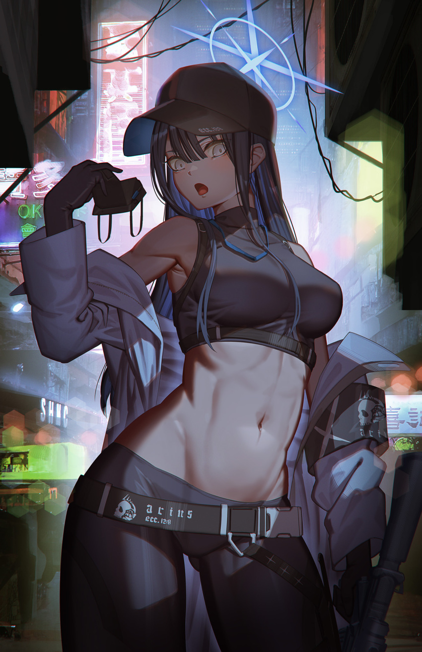 1girl armband assault_rifle bangs bare_shoulders baseball_cap belt black_belt black_hair black_headwear black_mask black_pants black_shirt blue_archive blue_eyes breasts chest_harness commentary cowboy_shot crop_top grey_eyes groin gun hair_between_eyes halo hand_up harness hat highres hironii_(hirofactory) holding holding_mask holding_weapon jacket large_breasts leggings long_hair long_sleeves mask mask_removed midriff mouth_mask navel neon_lights off_shoulder open_mouth outdoors pants revision rifle saori_(blue_archive) shirt sig_516 sig_sauer sleeveless sleeveless_shirt snap-fit_buckle solo stomach thighs very_long_hair weapon white_jacket