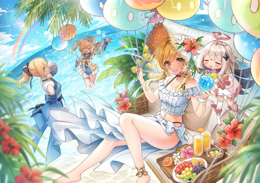 4girls :d ^_^ anklet balloon barbara_(genshin_impact) beach bikini blonde_hair blue_sky brown_headwear closed_eyes cloud cup day drinking drinking_glass drinking_straw flower food frilled_bikini frills fruit genshin_impact hat iro_178 jean_(genshin_impact) jewelry legs looking_at_viewer lumine_(genshin_impact) multiple_girls ocean orange_(fruit) orange_slice outdoors paimon_(genshin_impact) partially_submerged plant ponytail rainbow sitting sky smile standing straw_hat swimsuit thighs white_bikini yellow_eyes