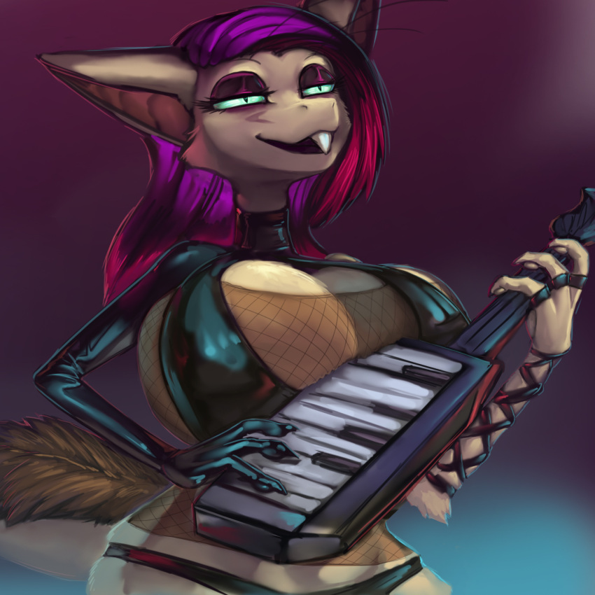 2021 anthro big_breasts black_clothing breasts brown_body brown_fur clothing digital_media_(artwork) female fishnet fur general-irrelevant hair hi_res holding_musical_instrument holding_object huge_breasts karissa_(character) keyboard_instrument latex mammal musical_instrument out-of-placers pink_hair simple_background smile solo webcomic yinglet