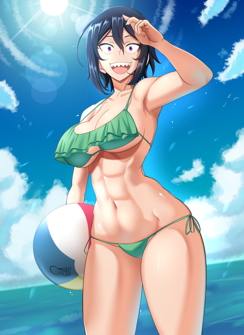 1girl :d abs absurdres arm_up armpits ball bangs bare_shoulders beach beachball bikini blue_sky breasts butt_crack castell cleavage cooler dark_blue_hair green_bikini groin hair_between_eyes halter_top halterneck highres hitomi-chan_wa_hitomishiri holding holding_ball large_breasts looking_at_viewer medium_hair muscular muscular_female narrow_waist navel ocean open_mouth purple_eyes sanpaku sharp_teeth side-tie_bikini sky smile solo standing stomach strap_gap sun swimsuit takano_hitomi teeth thighs underboob water