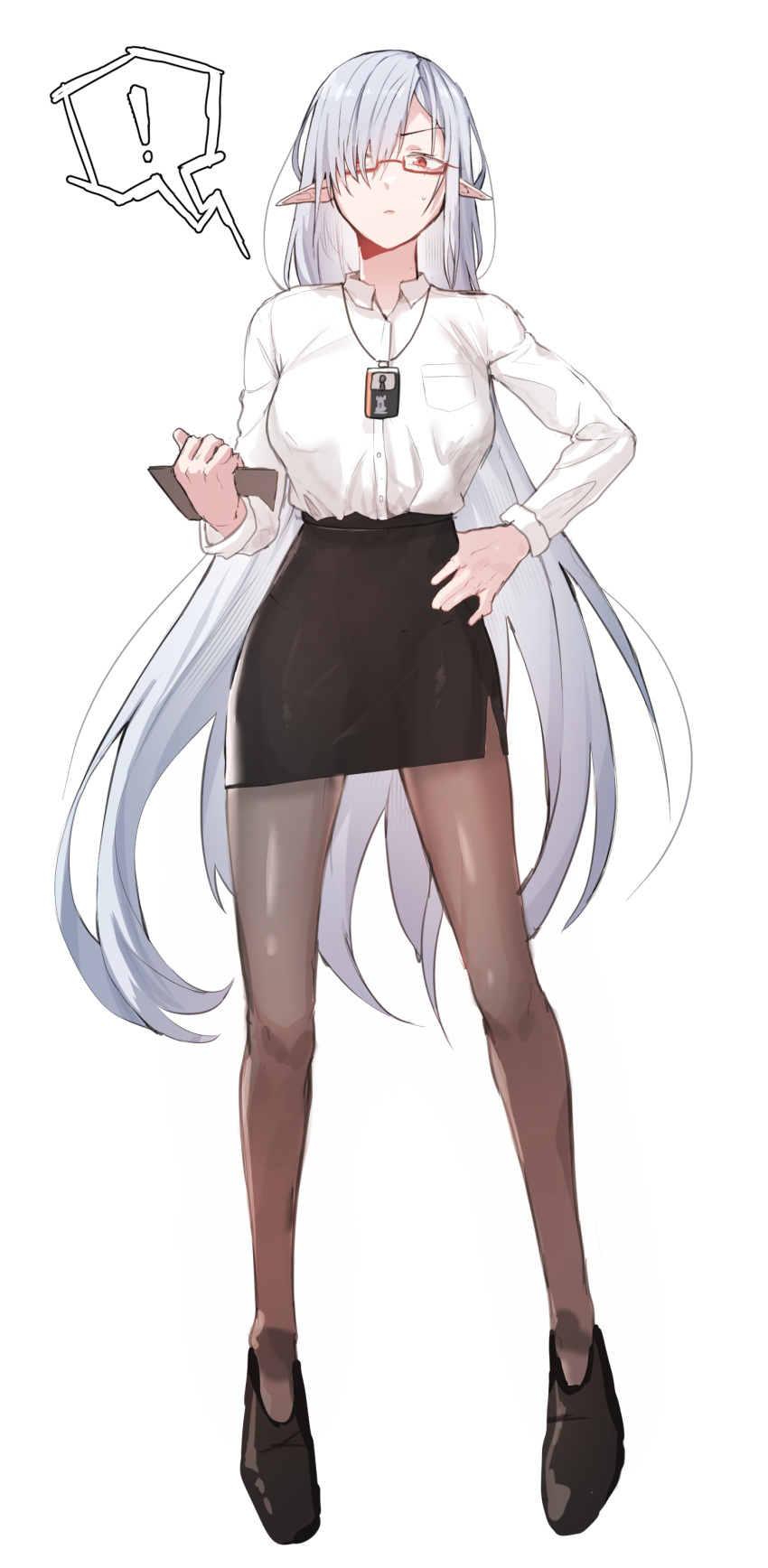 ! 1girl absurdres alternate_costume arknights bespectacled black_footwear black_skirt breasts brown_pantyhose clipboard closed_mouth collared_shirt dress_shirt full_body gladiia_(arknights) glasses grey_hair hair_over_one_eye hand_on_hip highres holding holding_clipboard id_card large_breasts long_hair long_sleeves looking_at_viewer lownd miniskirt office_lady pantyhose pencil_skirt red-framed_eyewear red_eyes semi-rimless_eyewear shirt shoes side_slit simple_background skirt solo speech_bubble spoken_exclamation_mark standing under-rim_eyewear very_long_hair white_background white_shirt