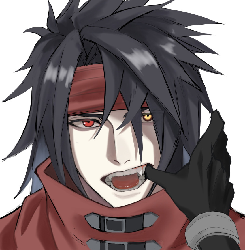 2boys black_gloves black_hair fangs final_fantasy final_fantasy_vii finger_in_another's_mouth gloves glowing glowing_eyes hand_in_another's_mouth headband heterochromia highres lifestream777 long_hair male_focus mouth_pull multiple_boys open_mouth red_eyes red_headband sephiroth teeth tongue vincent_valentine white_background yellow_eyes