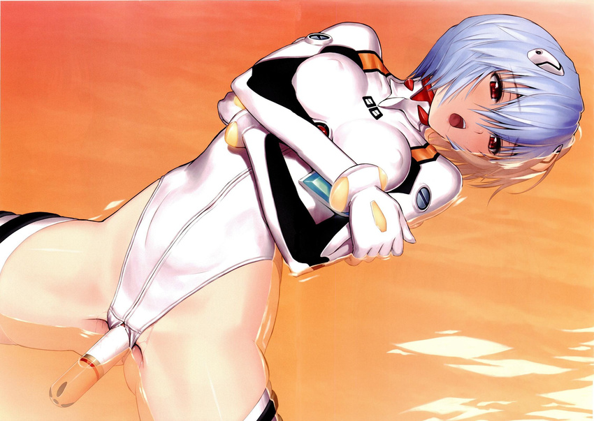 :o adapted_costume ayanami_rei bangs blue_hair blush bracer breasts covered_nipples crossed_arms entry_plug gloves gradient groin hair_ornament head_tilt highleg highleg_leotard highres lcl leotard looking_away lying moaning neon_genesis_evangelion number object_insertion on_back open_mouth partially_submerged plugsuit red_eyes saliva scan short_hair small_breasts solo spread_legs tanaka_takayuki thighhighs turtleneck vaginal vaginal_object_insertion white_legwear