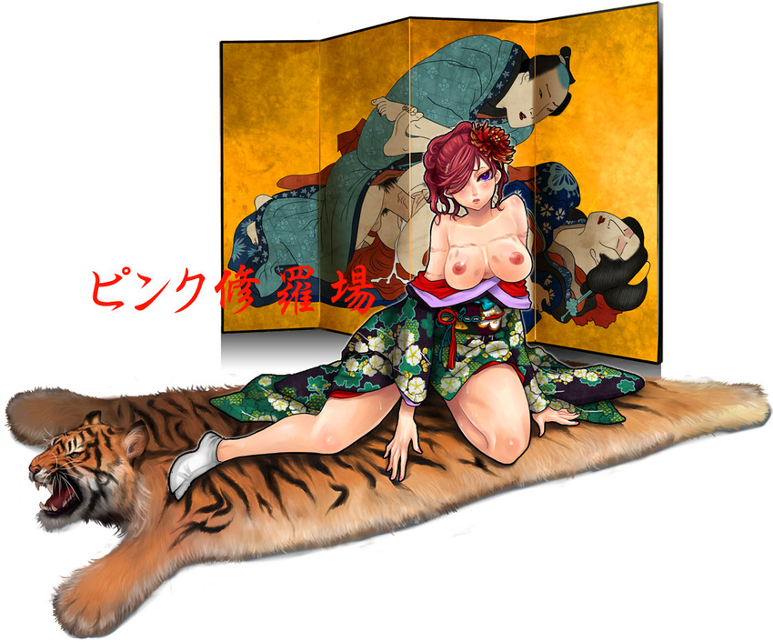 amatake_akewo blue_eyes blush breasts copyright_request fine_art_parody flower hair_flower hair_ornament hair_over_one_eye japanese_clothes kimono medium_breasts nihonga nipples open_clothes parody penis red_hair rope_marks rug sex solo tiger translation_request