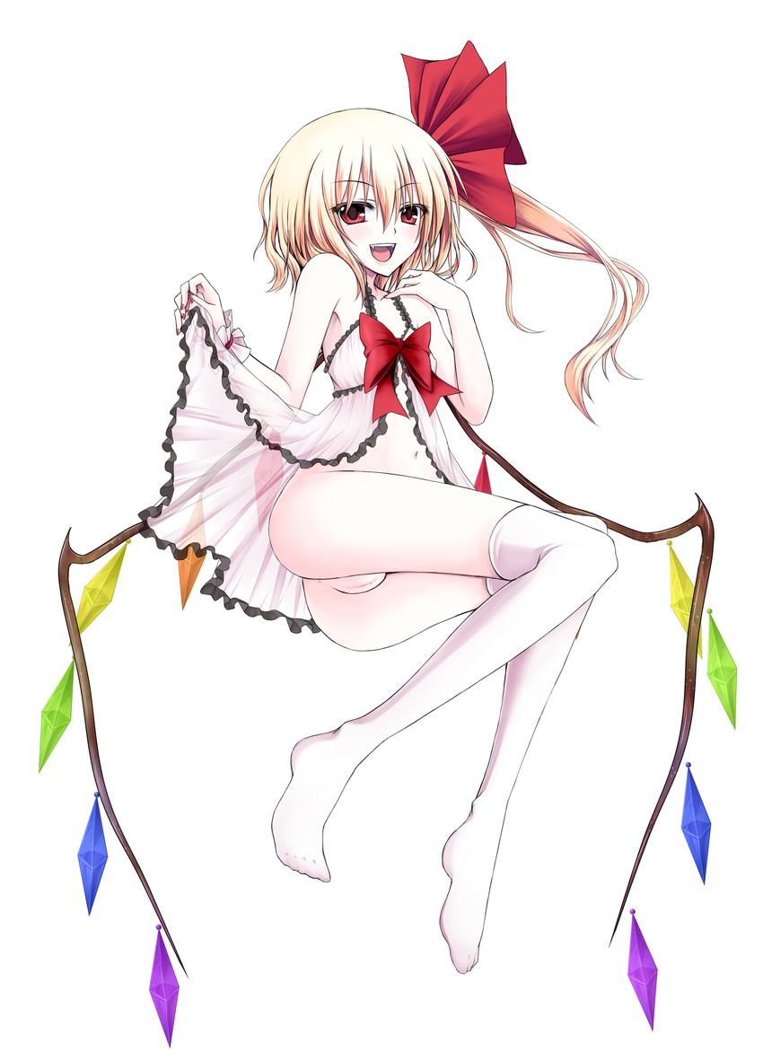 absurdres ass babydoll blonde_hair bow fangs feet flandre_scarlet hat highres legs lingerie looking_at_viewer nail_polish naughty_face navel negligee no_panties open_mouth ponytail pussy red_eyes red_nails see-through short_hair side_ponytail simple_background smile solo thighhighs touhou uncensored underwear utakata_(kochou_no_yume) white_legwear wings