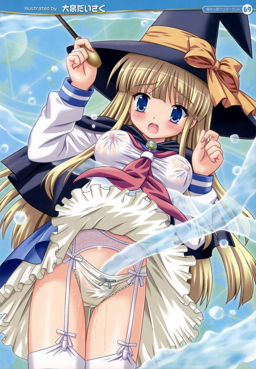 absurdres blonde_hair blue_eyes blush bow bow_panties breasts copyright_request covered_nipples garter_belt hat highres long_hair medium_breasts nipples no_bra ohizumi_daisaku open_mouth panties see-through solo tentacles thighhighs underwear water wet wet_clothes wet_panties white_legwear white_panties witch_hat