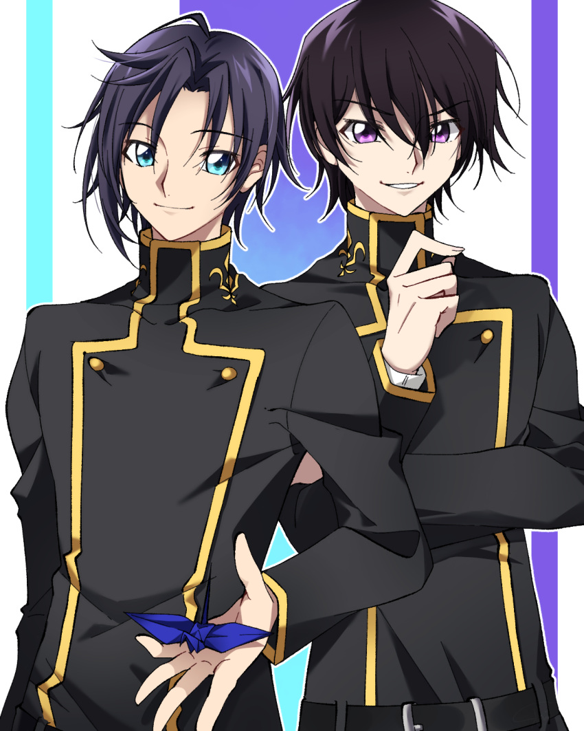 2boys ashford_academy_uniform bangs belt black_belt black_hair black_jacket blue_eyes code_geass code_geass:_lost_stories highres holding jacket lelouch_lamperouge looking_at_viewer male_focus mario_disel multiple_boys origami paper_crane parted_bangs parted_lips purple_eyes shigenomiya smile upper_body v-shaped_eyebrows