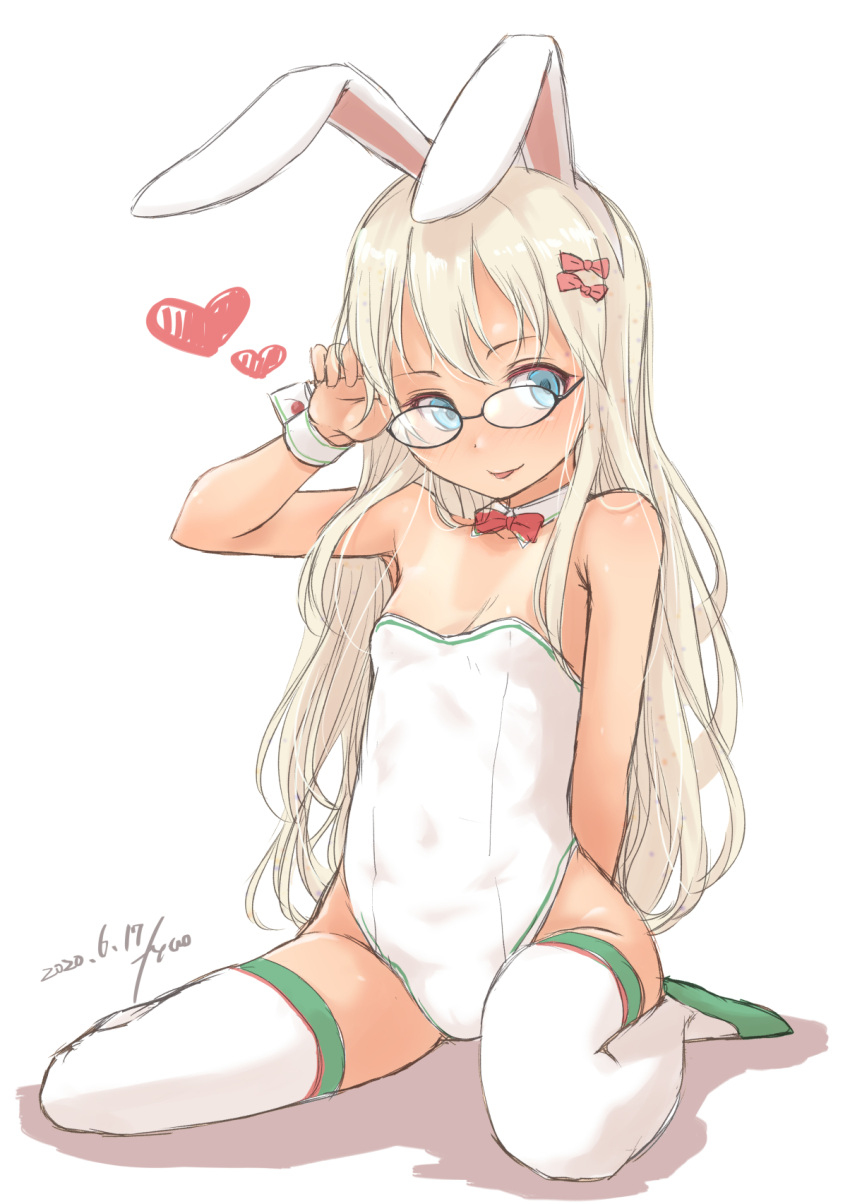 1girl animal_ears aqua_eyes bad_anatomy bad_leg bespectacled blonde_hair blush bow dated detached_collar fake_animal_ears fyuo glasses grecale_(kancolle) hair_bow highres kantai_collection leotard long_hair one-hour_drawing_challenge one-piece_tan pink_bow playboy_bunny rabbit_ears signature simple_background solo strapless strapless_leotard tan tanlines white_background white_leotard wrist_cuffs