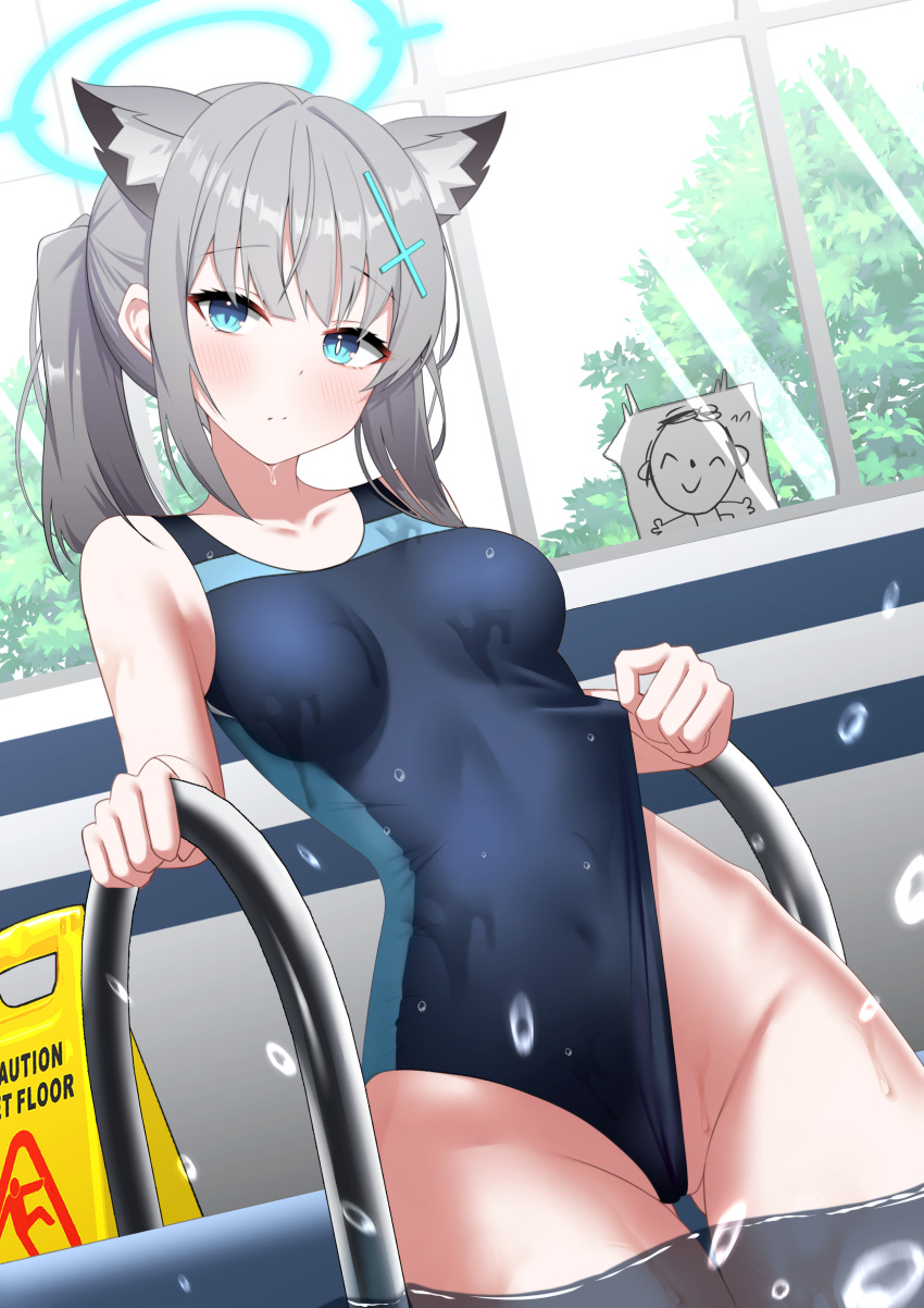 1girl absurdres animal_ear_fluff animal_ears ass_visible_through_thighs bangs black_swimsuit blue_archive blue_eyes blush breasts cameltoe competition_swimsuit covered_navel cross_hair_ornament extra_ears grey_hair hair_ornament halo highres looking_at_viewer medium_breasts medium_hair mismatched_pupils multicolored_clothes multicolored_swimsuit official_alternate_costume one-piece_swimsuit otakummm ponytail pool revision shiroko_(blue_archive) shiroko_(swimsuit)_(blue_archive) sign solo swimsuit thigh_gap warning_sign wet